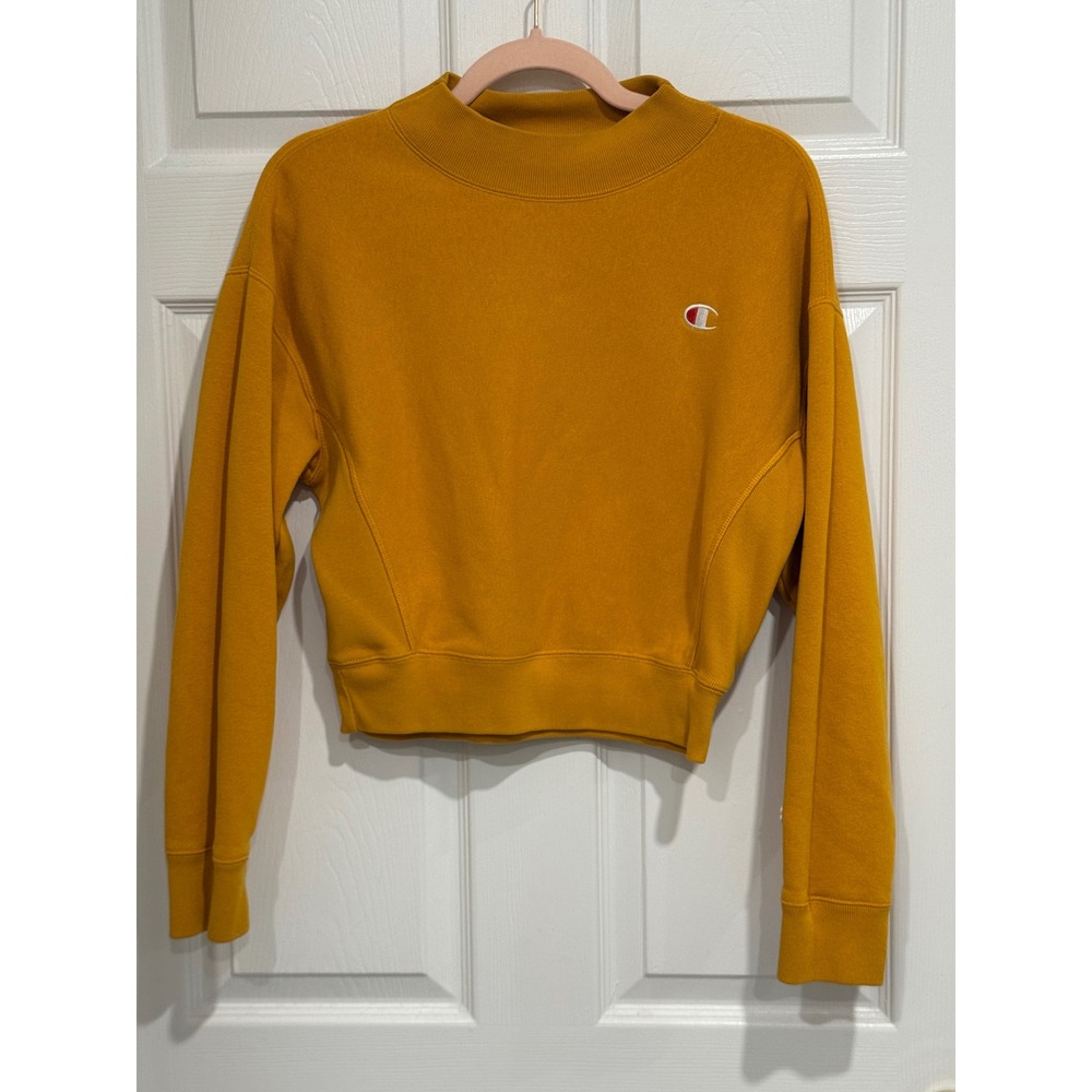 Champion Reverse Weave Cropped Sweatshirt Mustard Yellow Gold Mock Neck Small